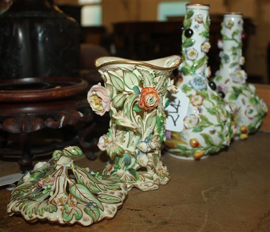 Pair of Potschappel bottle vases ,Derby pot pourri vase & cover, 19thC, 19.5cm(-)